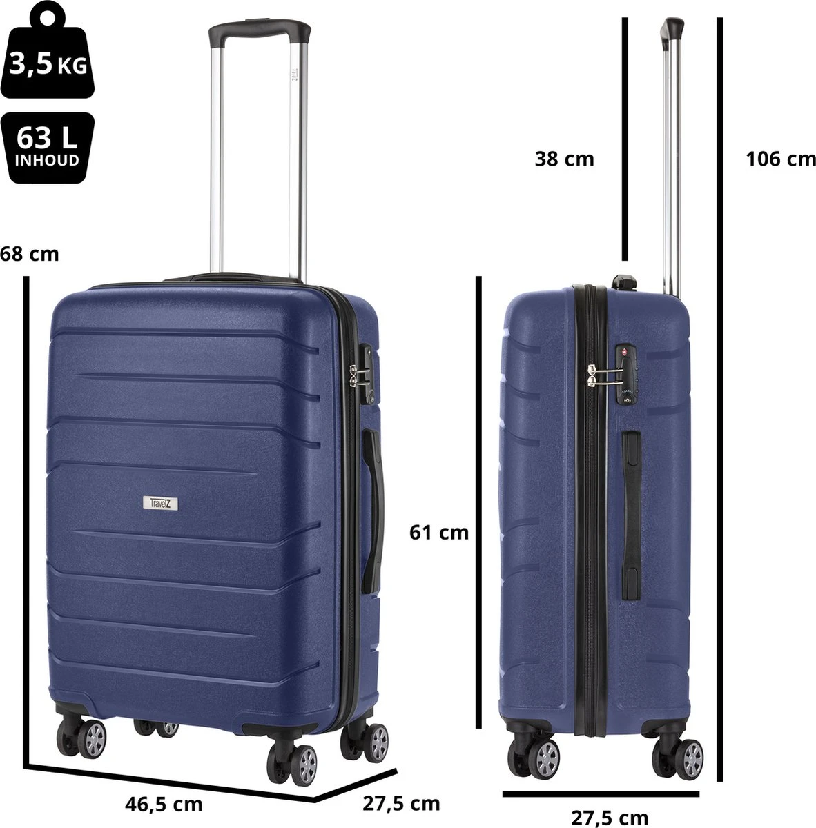TravelZ Big Bars Reiskoffer 68 Cm Met Dubbele Wielen - Trolley Koffer Met TSA-slot - Blauw 5 TravelZ Big Bars Reiskoffer 68 Cm Met Dubbele Wielen - Trolley Koffer Met TSA-slot - Blauw - Afbeelding 5