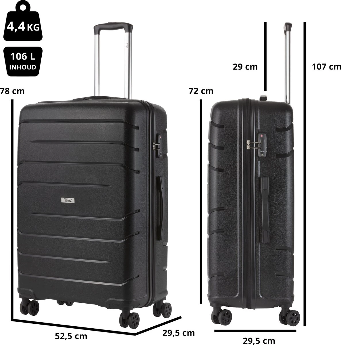 TravelZ Big Bars Reiskoffer 78 Cm Met Dubbele Wielen - Trolley Koffer Met TSA-slot - Zwart 5 TravelZ Big Bars Reiskoffer 78 Cm Met Dubbele Wielen - Trolley Koffer Met TSA-slot - Zwart - Afbeelding 5