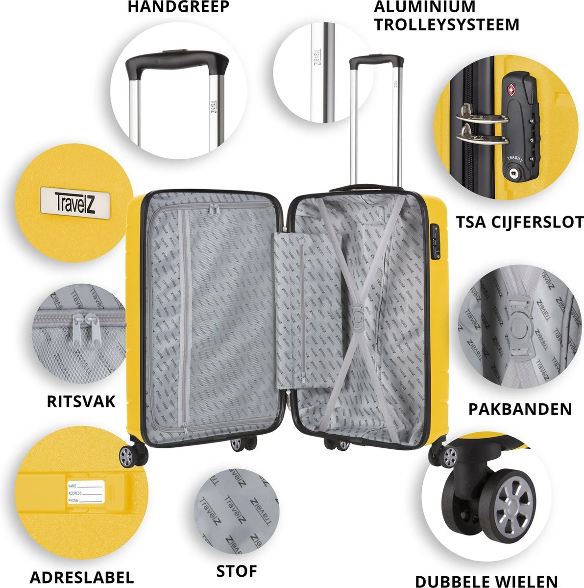 TravelZ Big Bars Handbagagekoffer 55cm Met TSA-slot - Ultrasterk - Geel 4 TravelZ Big Bars Handbagagekoffer 55cm Met TSA-slot - Ultrasterk - Geel - Afbeelding 4