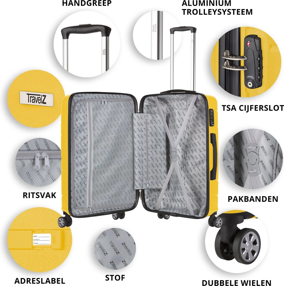 TravelZ Big Bars Kofferset - Trolleyset 3-delig Met TSA-slot - Geel 4 TravelZ Big Bars Kofferset - Trolleyset 3-delig Met TSA-slot - Geel - Afbeelding 4