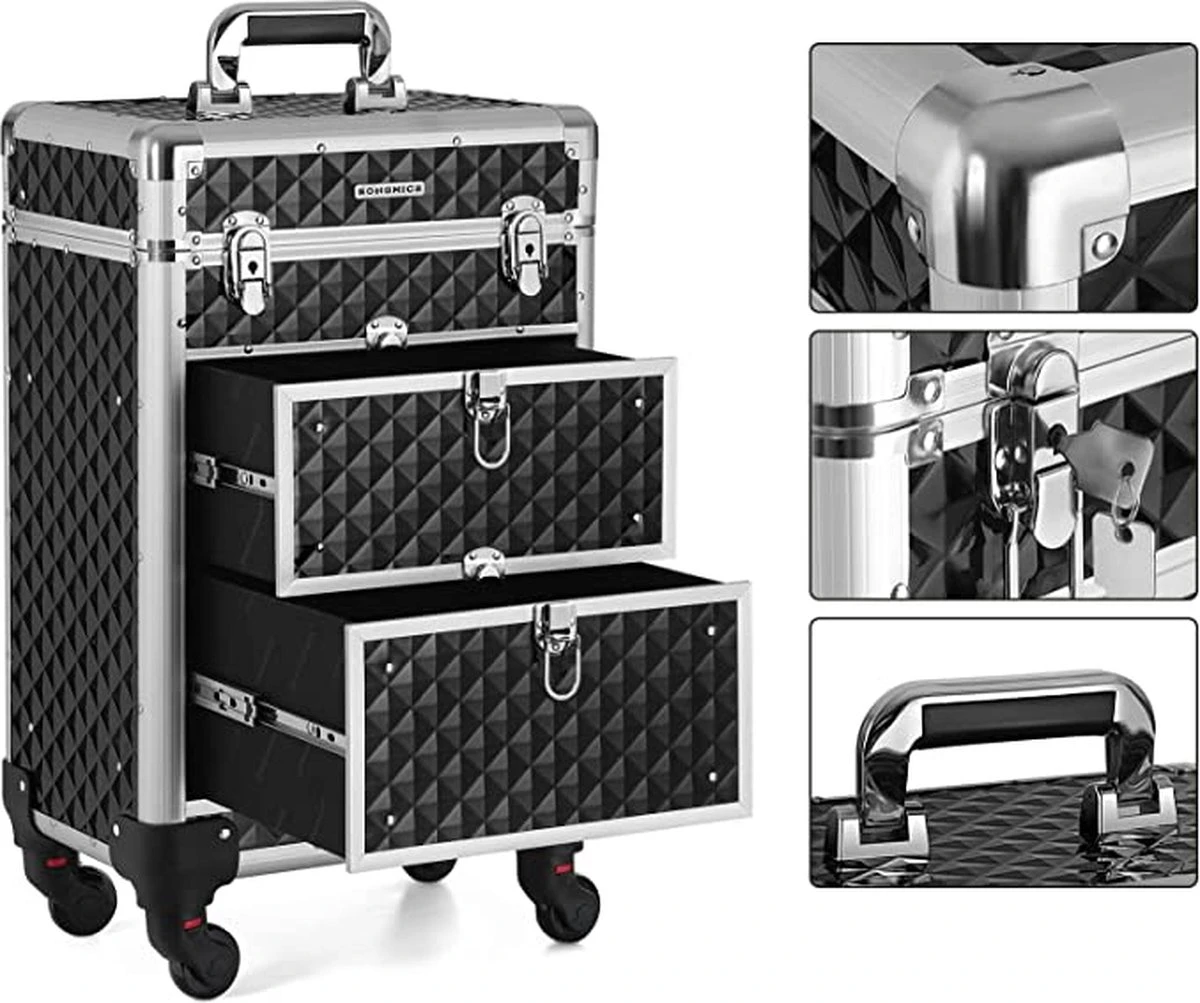 Cosmetic Case Trolley - Professionele Make-up Case - Kapperskoffer Met 4 Uitneembare Wielen 3 Cosmetic Case Trolley - Professionele Make-up Case - Kapperskoffer Met 4 Uitneembare Wielen - Afbeelding 3