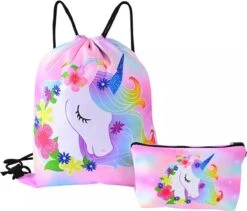 Unicorn Gymtas + Etui - Sporttas Met Rijgkoord - Bloemetjes - 4-12 Jaar