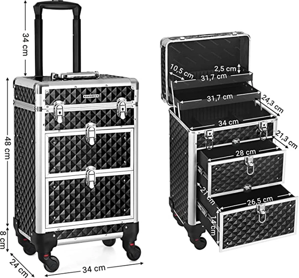 Cosmetic Case Trolley - Professionele Make-up Case - Kapperskoffer Met 4 Uitneembare Wielen 5 Cosmetic Case Trolley - Professionele Make-up Case - Kapperskoffer Met 4 Uitneembare Wielen - Afbeelding 5