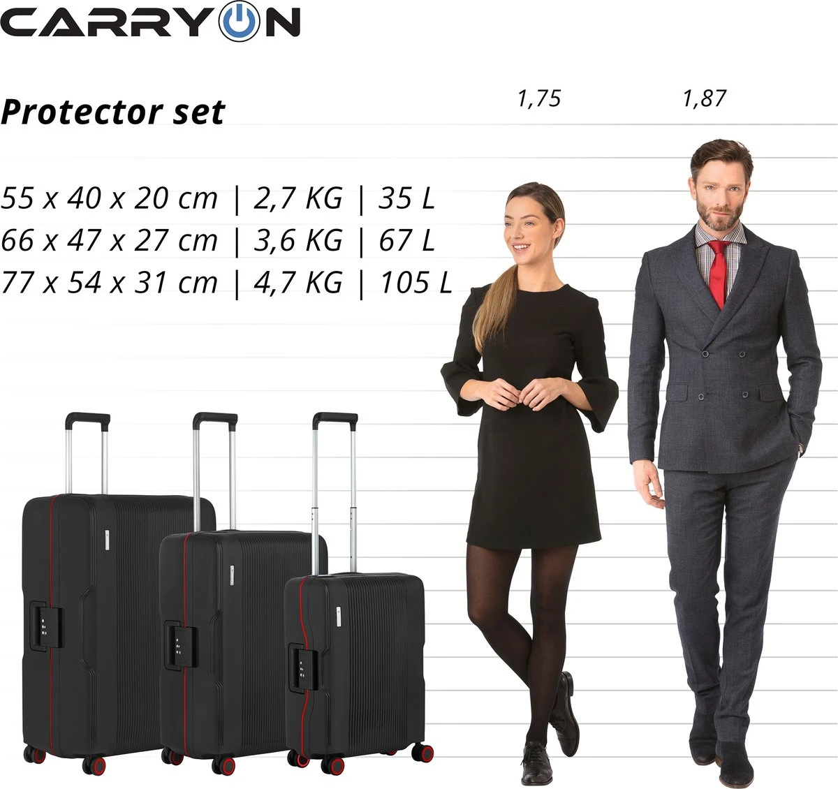 CarryOn Protector Luxe 3-delige Kofferset - Trolleyset Met TSA-kliksloten - Zwart 6 CarryOn Protector Luxe 3-delige Kofferset - Trolleyset Met TSA-kliksloten - Zwart - Afbeelding 6