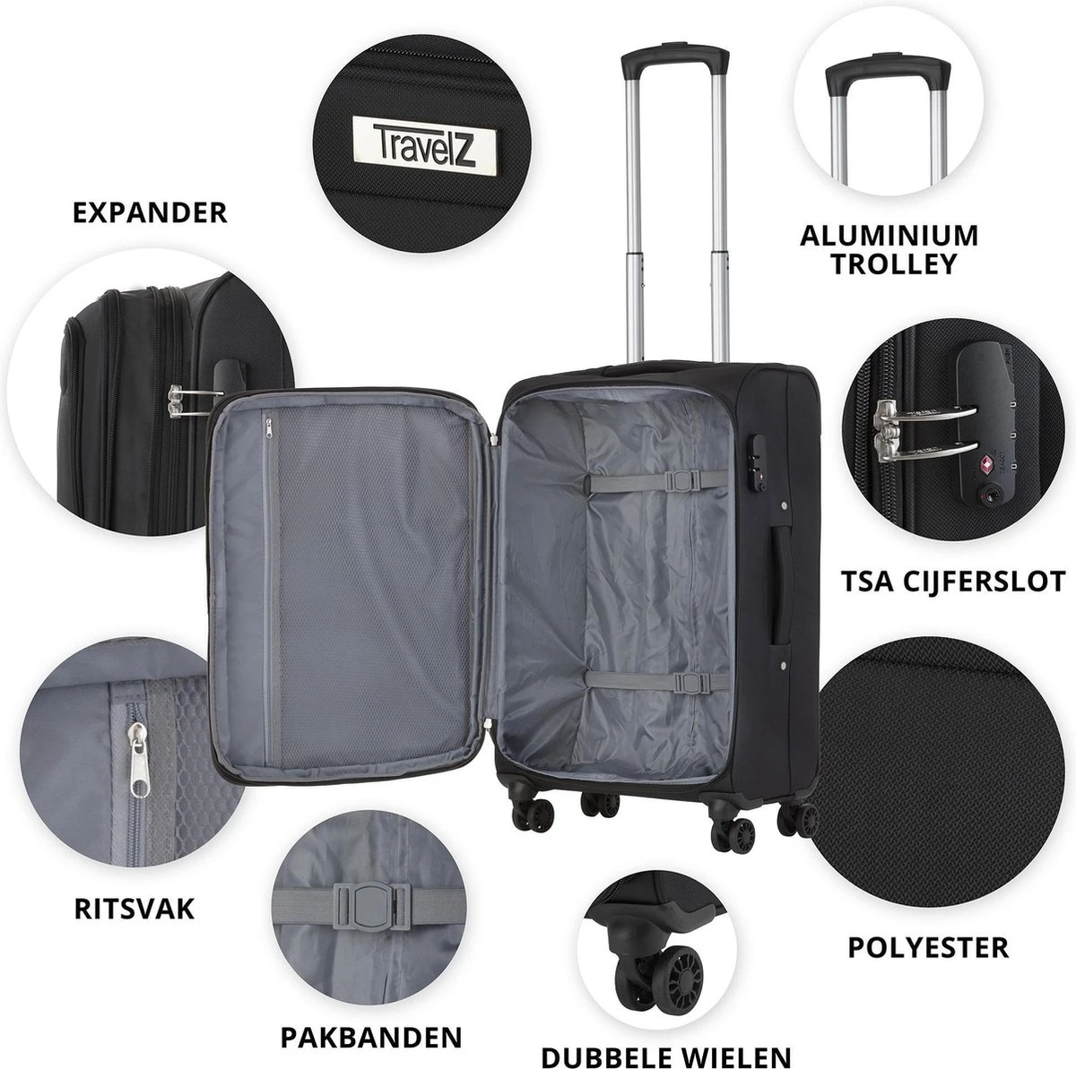 Travelz Softspinner TSA Reiskoffer 67cm - Zachte Reiskoffer Met Expander - Zwart 4 Travelz Softspinner TSA Reiskoffer 67cm - Zachte Reiskoffer Met Expander - Zwart - Afbeelding 4