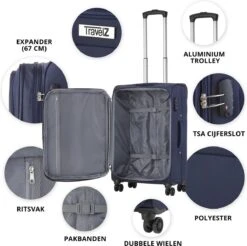 Travelz Softspinner TSA Reiskoffer 77cm - Zachte Reiskoffer Met Expander 104 + 16 Ltr - Blauw -Kofferland Goedkope Winkel 1200x1194 2