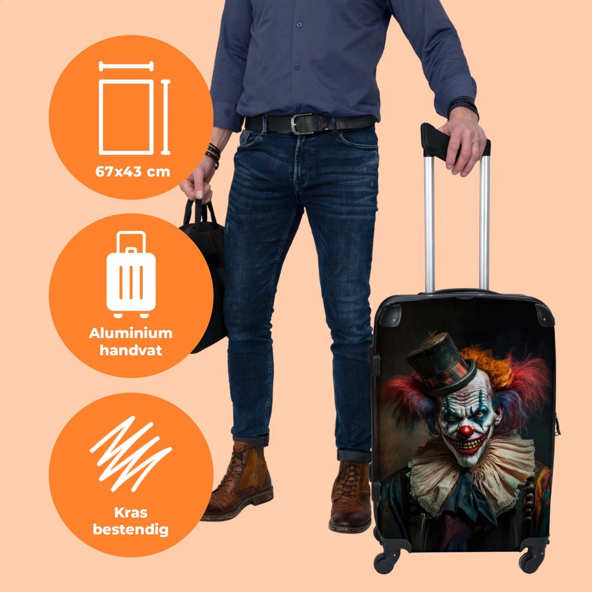 NoBoringSuitcases.com® Koffer Groot - Clown - Hoed - Kraag - Portret - Killer Clown - Trolley Koffer Met TSA-slot - Met Wielen - 90 Liter - Reiskoffer - 66 Cm 3 NoBoringSuitcases.com® Koffer Groot - Clown - Hoed - Kraag - Portret - Killer Clown - Trolley Koffer Met TSA-slot - Met Wielen - 90 Liter - Reiskoffer - 66 Cm - Afbeelding 3