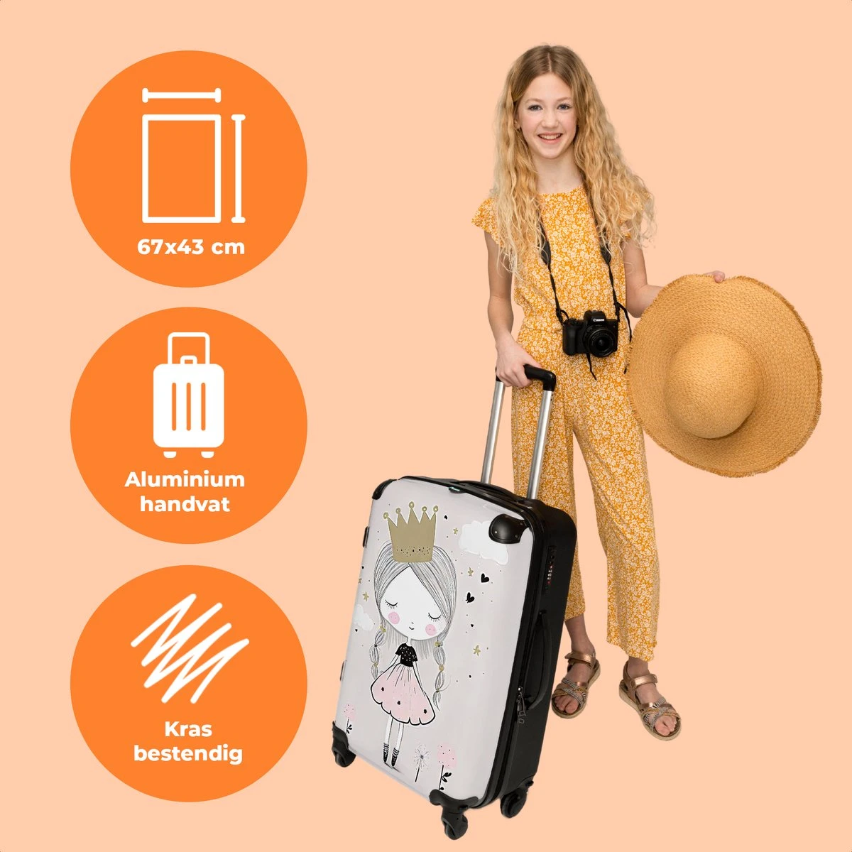 NoBoringSuitcases.com® Koffer Groot - Prinses - Bloemen - Kroon - Meisje - Sterren - Trolley Koffer Met TSA-slot - Met Wielen - 90 Liter - Reiskoffer - 66 Cm 3 NoBoringSuitcases.com® Koffer Groot - Prinses - Bloemen - Kroon - Meisje - Sterren - Trolley Koffer Met TSA-slot - Met Wielen - 90 Liter - Reiskoffer - 66 Cm - Afbeelding 3