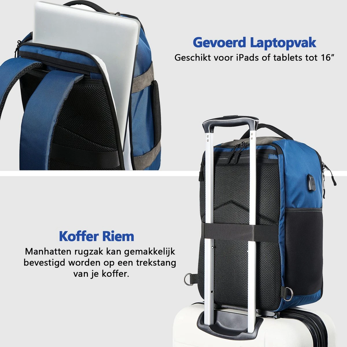 CabinMax Manhatten – Handbagage 20L – Rugzak – Schooltas - 40x20x25 Cm – Compact Reistas – Lichtgewicht – Nettuno Blauw 6 CabinMax Manhatten – Handbagage 20L – Rugzak – Schooltas - 40x20x25 Cm – Compact Reistas – Lichtgewicht – Nettuno Blauw - Afbeelding 6