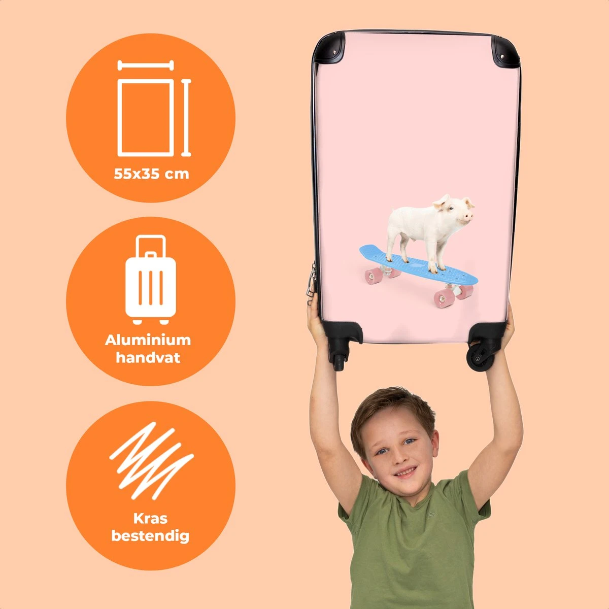 NoBoringSuitcases.com® Kinderkoffer - Trolley Kinderen - Varken - Roze - Skateboard - Kinderen - Meisje - Koffer Dieren - Past Binnen 55x40x20 Cm En 55x35x25 Cm - Reiskoffer Met Wielen 3 NoBoringSuitcases.com® Kinderkoffer - Trolley Kinderen - Varken - Roze - Skateboard - Kinderen - Meisje - Koffer Dieren - Past Binnen 55x40x20 Cm En 55x35x25 Cm - Reiskoffer Met Wielen - Afbeelding 3