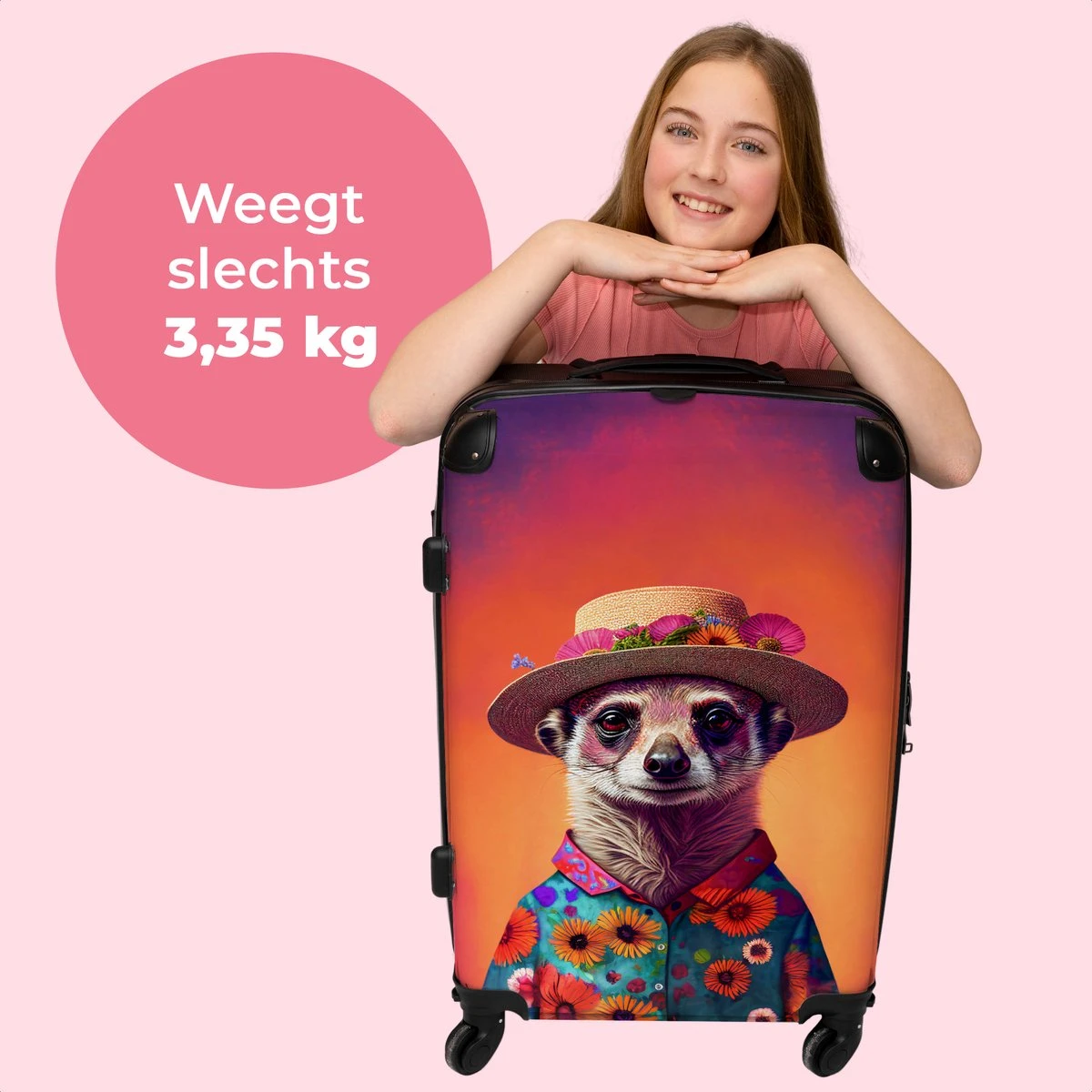 NoBoringSuitcases.com® Koffer Groot - Meerkat - Bloemen - Hoed - Dieren - Portret - Trolley Koffer Met TSA-slot - Met Wielen - 90 Liter - Reiskoffer - 66 Cm 2 NoBoringSuitcases.com® Koffer Groot - Meerkat - Bloemen - Hoed - Dieren - Portret - Trolley Koffer Met TSA-slot - Met Wielen - 90 Liter - Reiskoffer - 66 Cm - Afbeelding 2