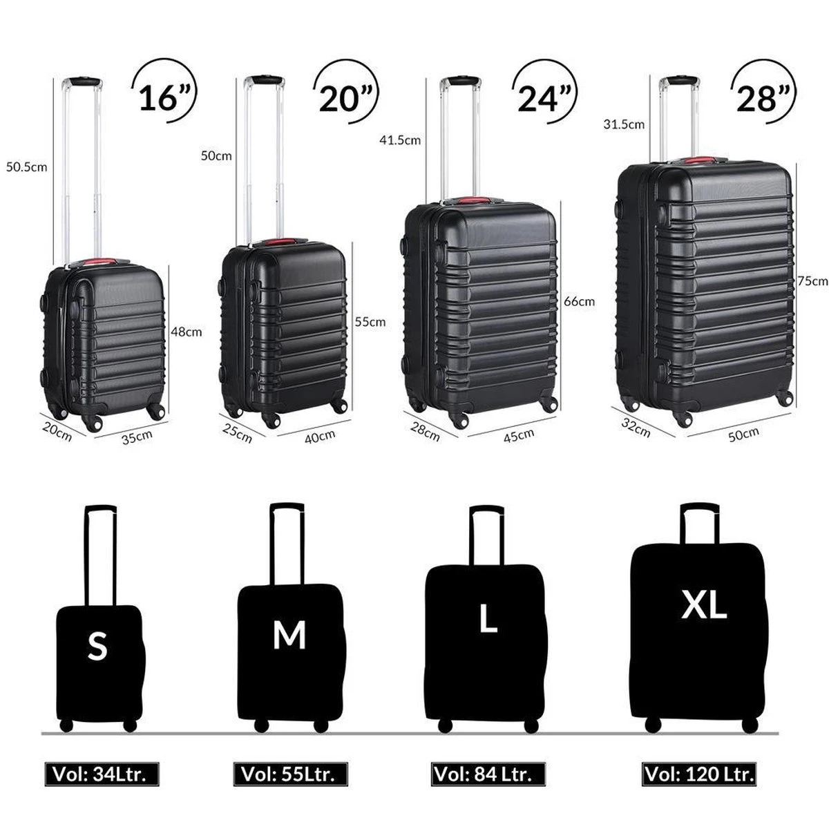 Monzana Kofferset - 4 Stuks S M L XL Met Wielen Cijferslot - Zwart 8 Monzana Kofferset - 4 Stuks S M L XL Met Wielen Cijferslot - Zwart - Afbeelding 8