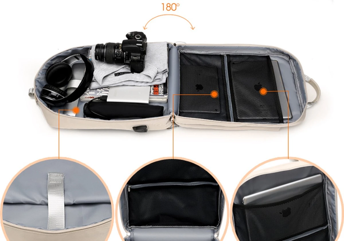 Merkloos Waterdichte Rugzak Inclusief Usb Oplaadstation - Laptoptas 15,6 Inch - Schooltas - Beige - Multifucntioneel 7 Merkloos Waterdichte Rugzak Inclusief Usb Oplaadstation - Laptoptas 15,6 Inch - Schooltas - Beige - Multifucntioneel - Afbeelding 7