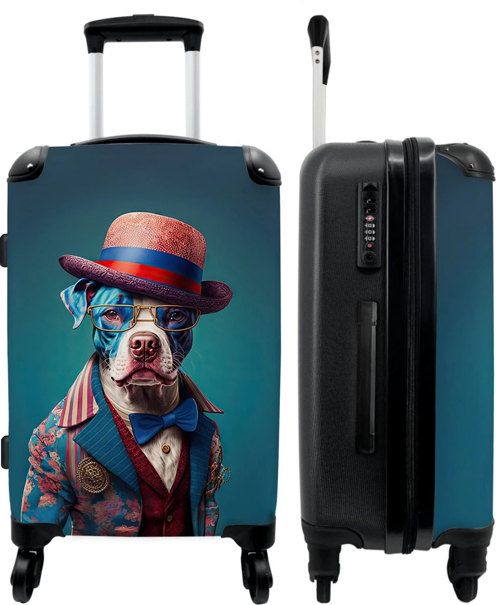 NoBoringSuitcases.com® Koffer Groot - Hond - Hoed - Colbert - Bloemen - Blauw - Trolley Koffer Met TSA-slot - Met Wielen - 90 Liter - Reiskoffer - 66 Cm 1 NoBoringSuitcases.com® Koffer Groot - Hond - Hoed - Colbert - Bloemen - Blauw - Trolley Koffer Met TSA-slot - Met Wielen - 90 Liter - Reiskoffer - 66 Cm
